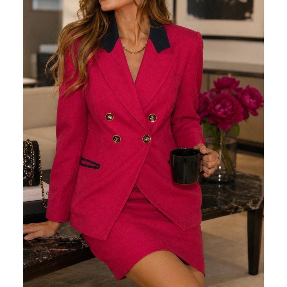 Christian Dior Vintage Pink Skirt Suit Double Breasted Blazer Navy Trim 14